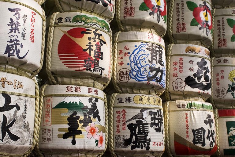 Decorated sake barrels at the Meiji Temple in Tokyo, Japan. Photo by Stuart Forster.