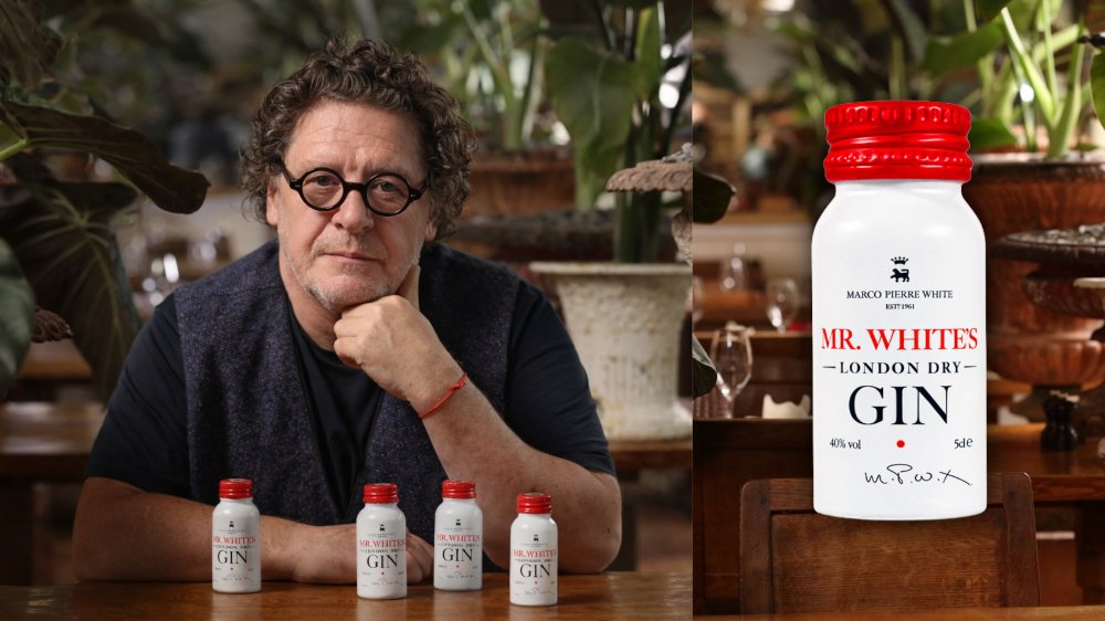 Marco Pierre White with a five-centilitre alumini bottle of Mr. White's Gin.