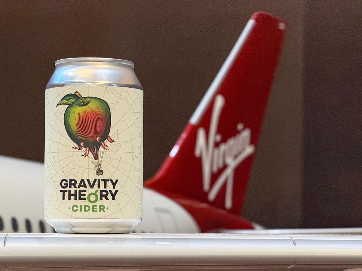 A can of Gravity Theory cider, which is available on Virgin Atlantic flights plus Eurostar and Avanti West Coast trains.