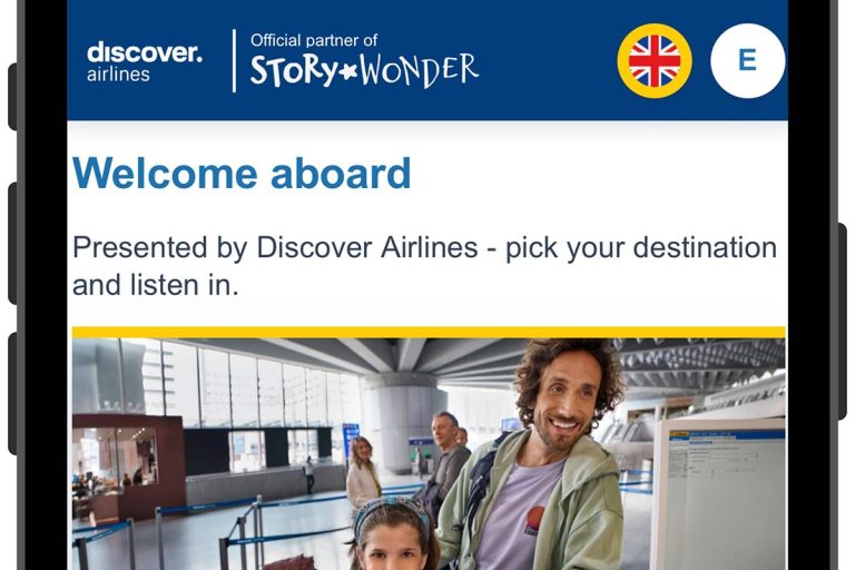 Phone with StoryWonder and Discover Airlines branding.